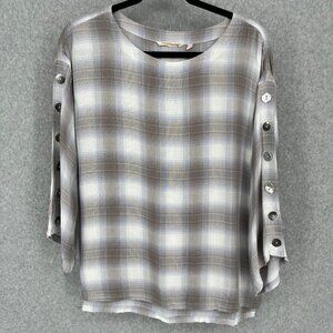 Soft Surroundings Womens Soft Flannel Tunic Top Size S Petite Brown Plaid Button